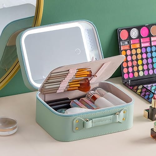 M-Box Travel Makeup Bag With LED Mirror, Protable Size Makeup Case Travel Cosmetic Bags Brush Organizer Storage Box, Rechargeable Vanity Mirror, Cosmetic Travel Bag for Women. (Mint-white)