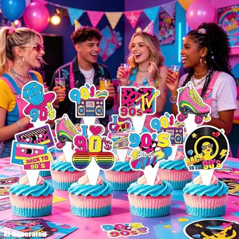 24PCS 90s Cake Toppers, Retro Cupcake Picks Geometric Design
