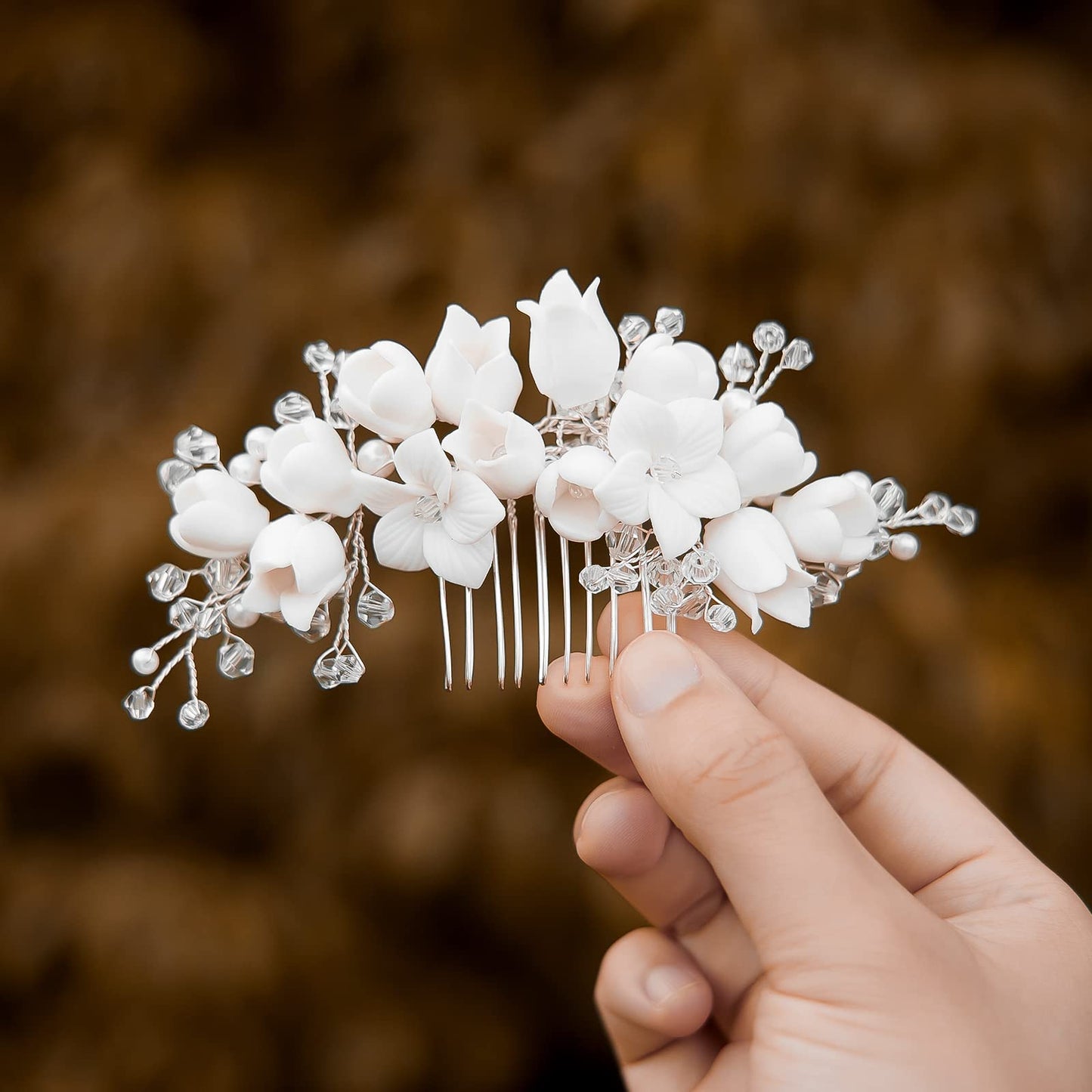 Sooshin Porcelain Flower Bridal Hair Accessory with Pearls, Crystals, and Rhinestones - Hair Comb for Brides, Bridesmaids, and Women