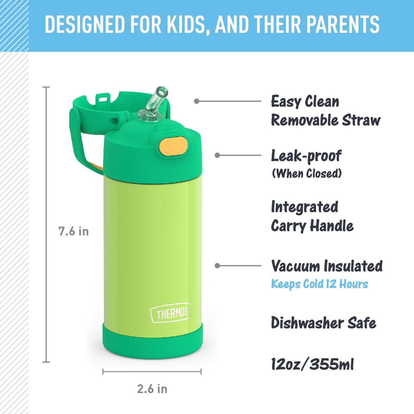 THERMOS FUNTAINER Water Bottle with Straw - 12 Ounce, Lime/Orange - Kids Stainless Steel Vacuum Insulated Water Bottle with Lid