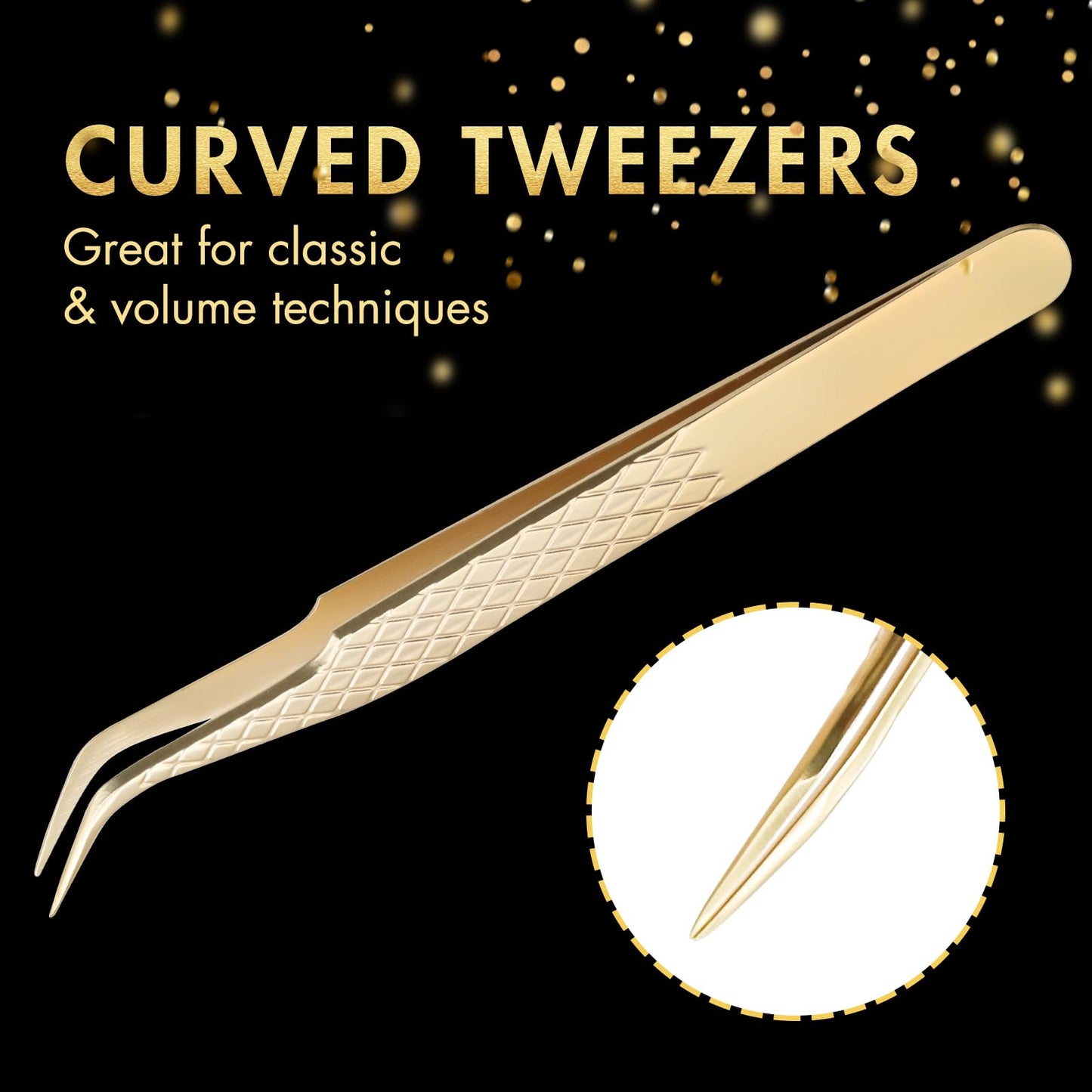 Miuffue Curved Eyelash Extension Tweezers Precision Lash Extension Tweezers for Making Volume And Classic Fans (Gold)