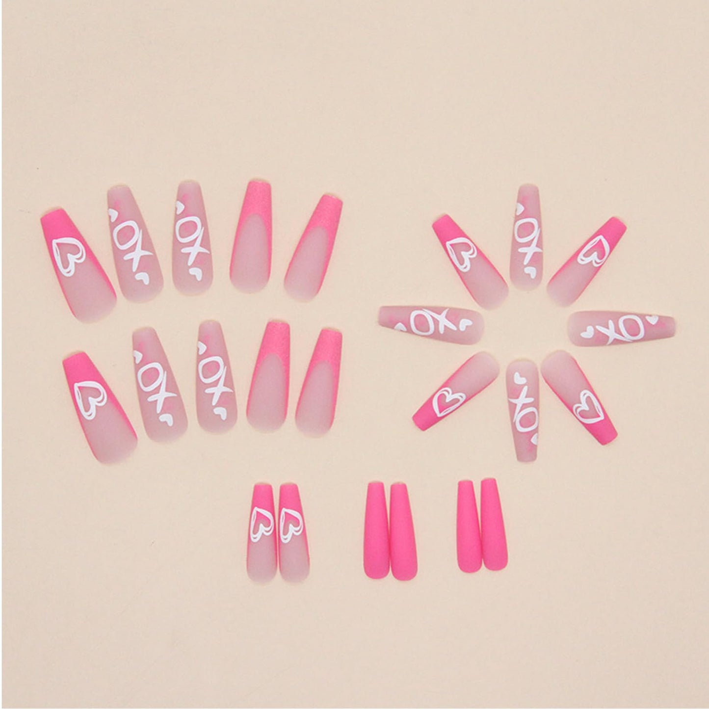 Valentines Nails Press on Nails Long Coffin Fake Nails with Designs French Heart XOXO Glitter Full Cover Acrylic Pink False Nails Square Medium Glue on Nails for Women and Girls Date Night 24Pcs