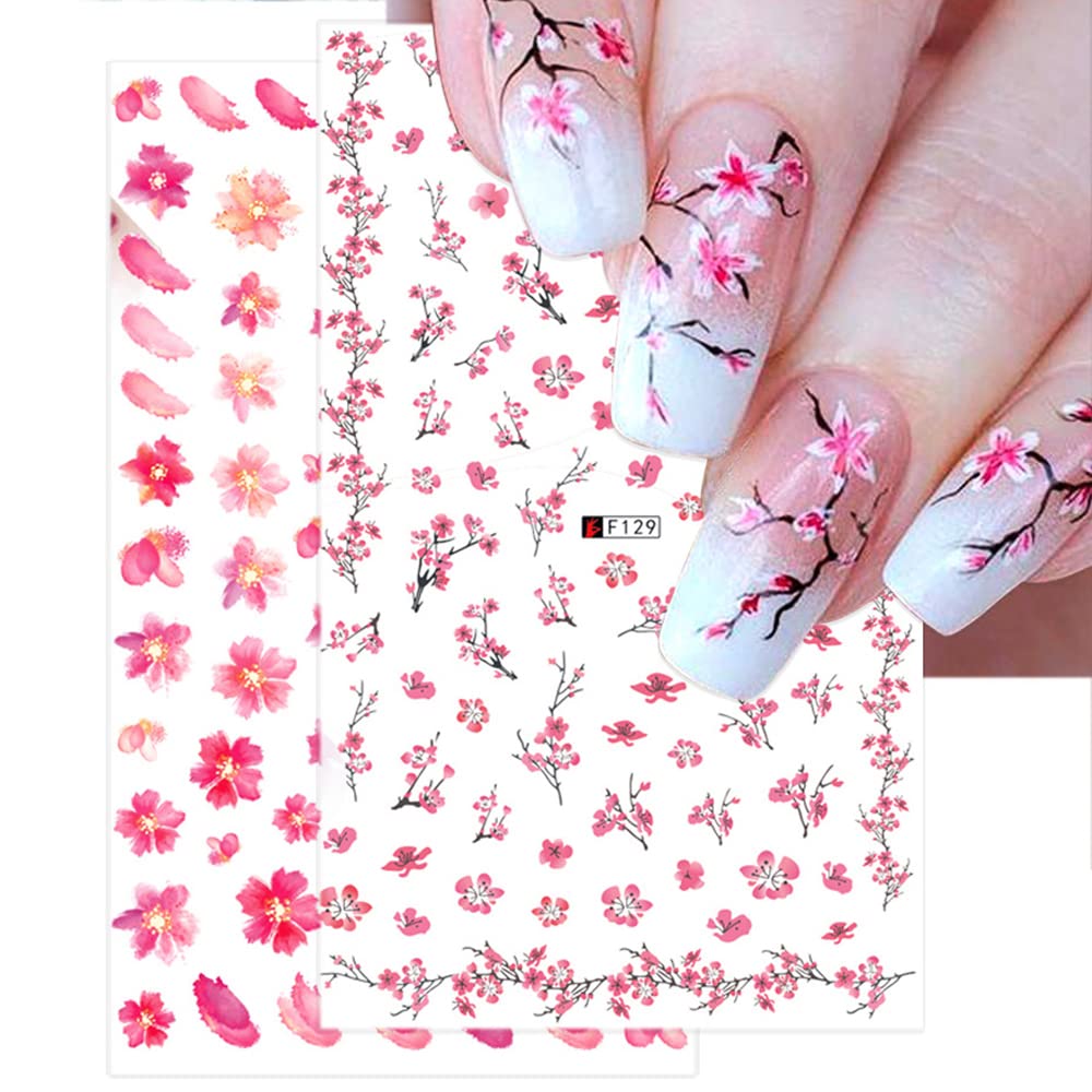 Flowers Nail Stickers, Spring Nail Decals 3D Self-Adhesive Cherry Blossom Floral Pink Spring Nail Design Manicure DIY Nail Art Decoration for Women Girls (8Sheets)