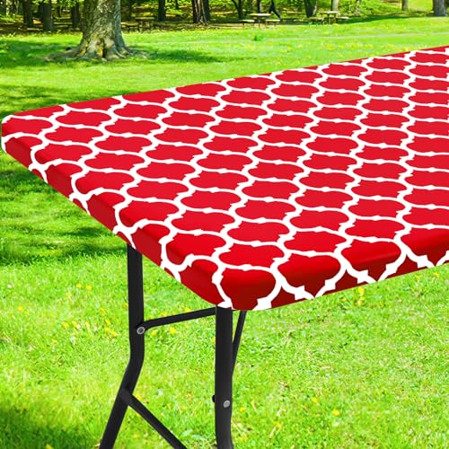 smiry Rectangle Picnic Tablecloth, Waterproof Elastic Fitted Table Covers for 4 Foot Tables, Wipeable Flannel Backed Vinyl Tablecloths for Camping, Indoor, Outdoor (Red Morocco, 30x48 Inches)