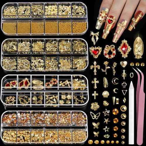 Teenitor Gold Nail Charms and Gems Set, 4 Boxes Nail Gems Nail Pearls Nail Art Tools, 3D Cross Nail Charms Heart Nail Rhinestones for Nails Supplies, Charms for Nails Design Nail Art Kit