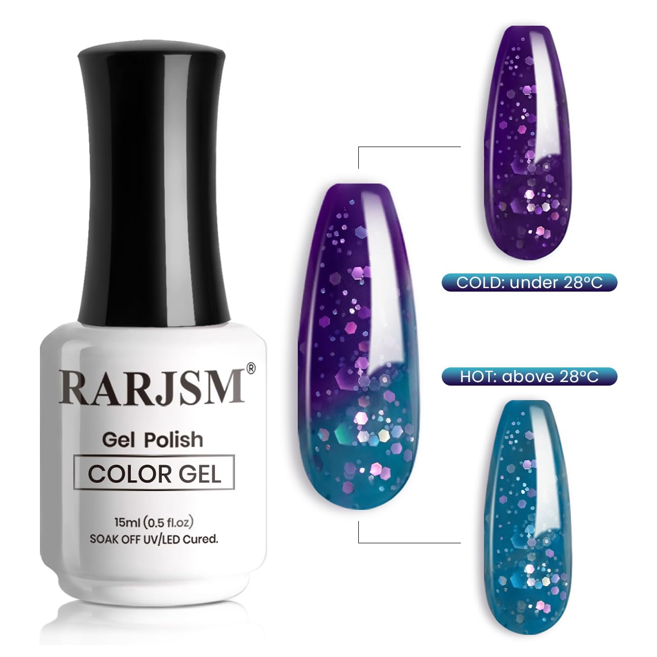 RARJSM Color Changing Gel Nail Polish Glitter 15ML Blue to Purple Temperature Change Colors Soak off UV Mood Changing Gel Nail Polish for Nail Manicure DIY Salon at Home