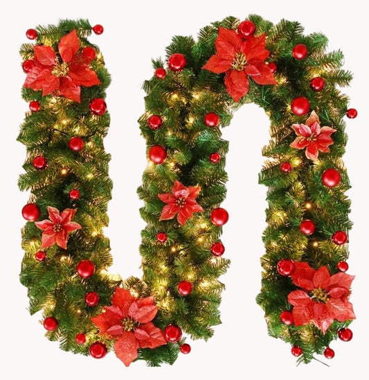 Christmas Garlands with Lights, Christmas Decorations Artificial Xmas Garland for Holiday 9FT/2.7m (Color : Red)