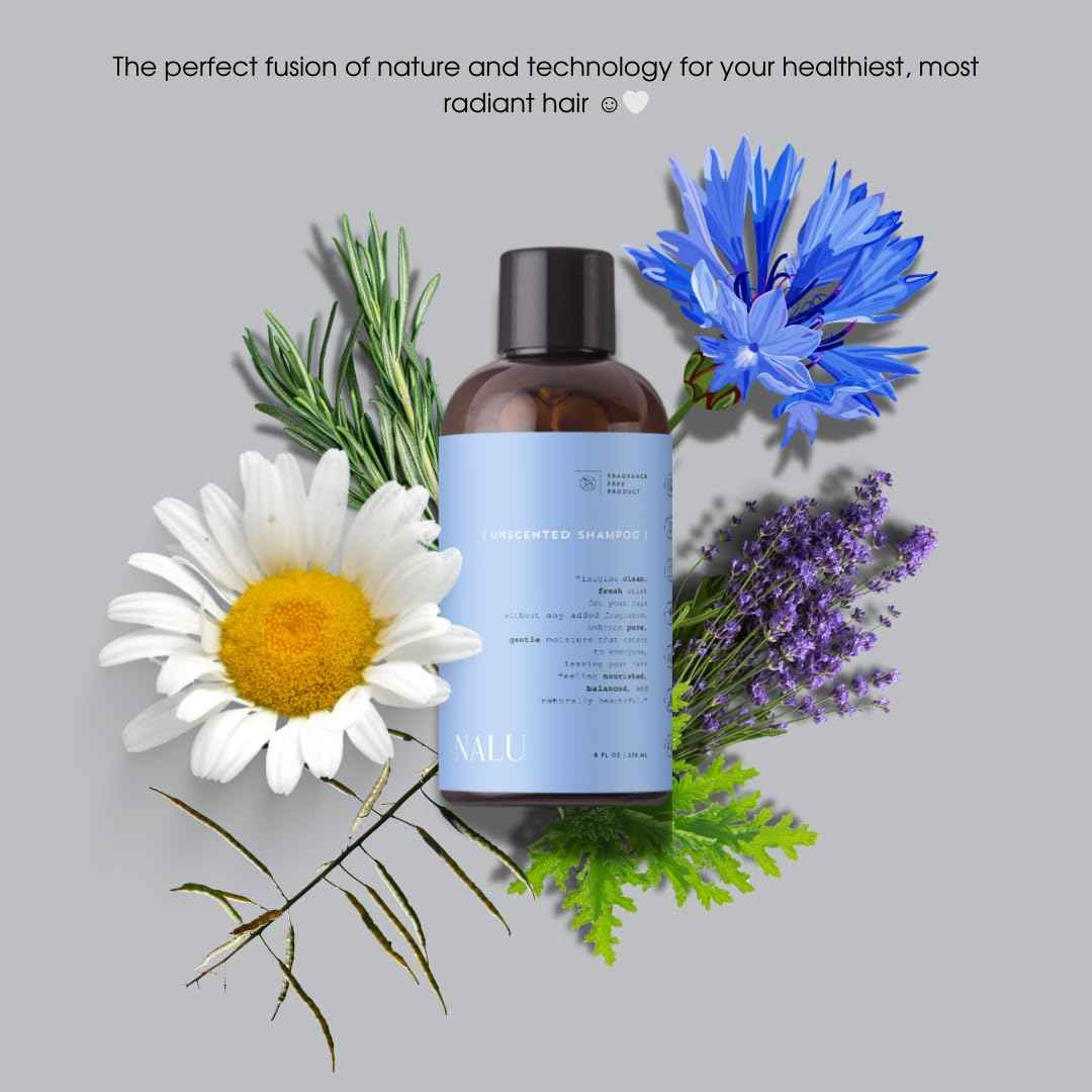 NALU Unscented Shampoo Infused with Organic Rosemary & Lavender Hydrosol. For Sensitive Scalp | Rejuvenating, Nourishing, Cleansing and Calming. All Hair Types, 8 Fl Oz.
