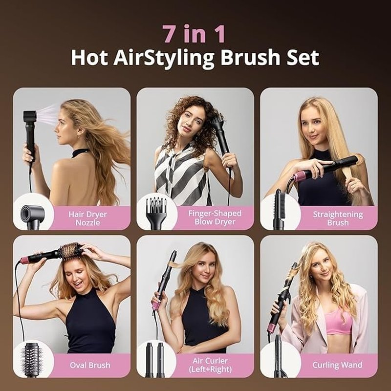 7-in-1 Hot Air Styler Brush - Auto Curl, Straighten & Dry