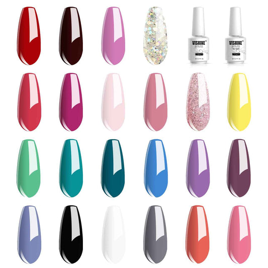 Vishine 24 PCS Soak Off UV Gel Nail Polish Plain Range - 22 Color Gel Polish & No Wipe Base and Top Coat Starter Set 02