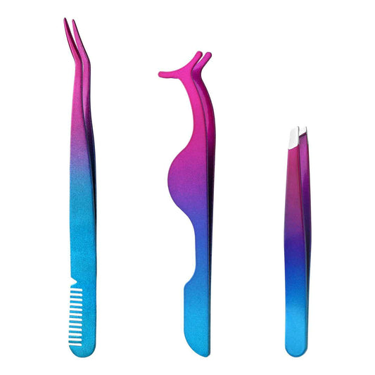 3pcs Eyelash Tweezers, 3 Styles Lash Tweezers with Comb Stainless Steel False Lash Application Tool Eyebrow Tweezers Makeup Tool for Cluster Individual Lash (Purple Blue Gradient)