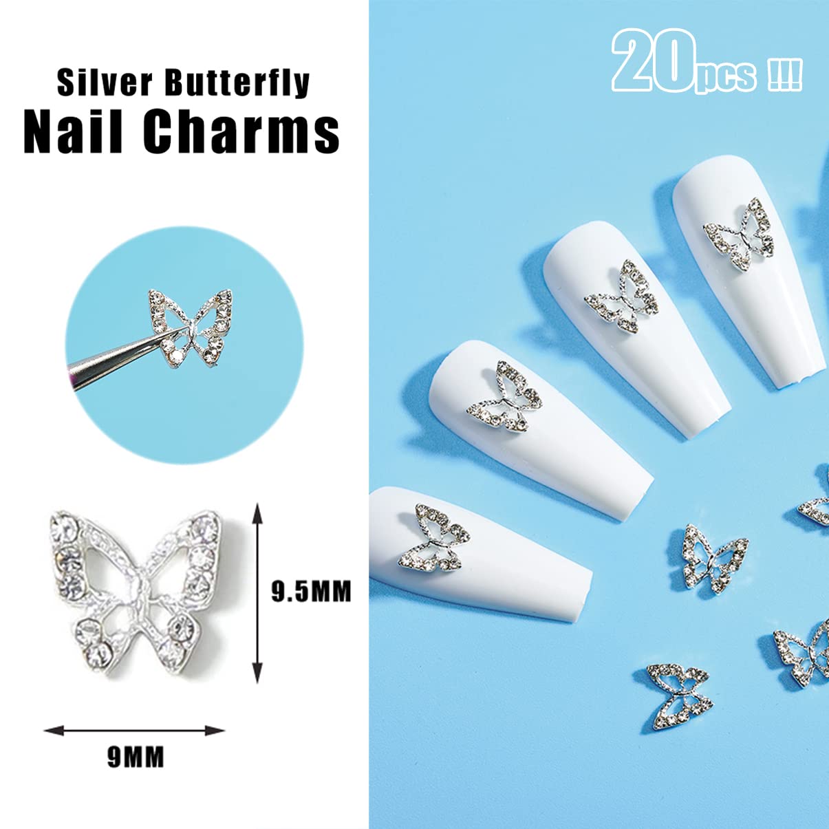 3D Butterfly Nail Charms 20Pcs 3D Butterfly Charms for Nails Alloy Butterfly Nail Charms Decoration DIY Alloy Nail Butterfly Charms Studs