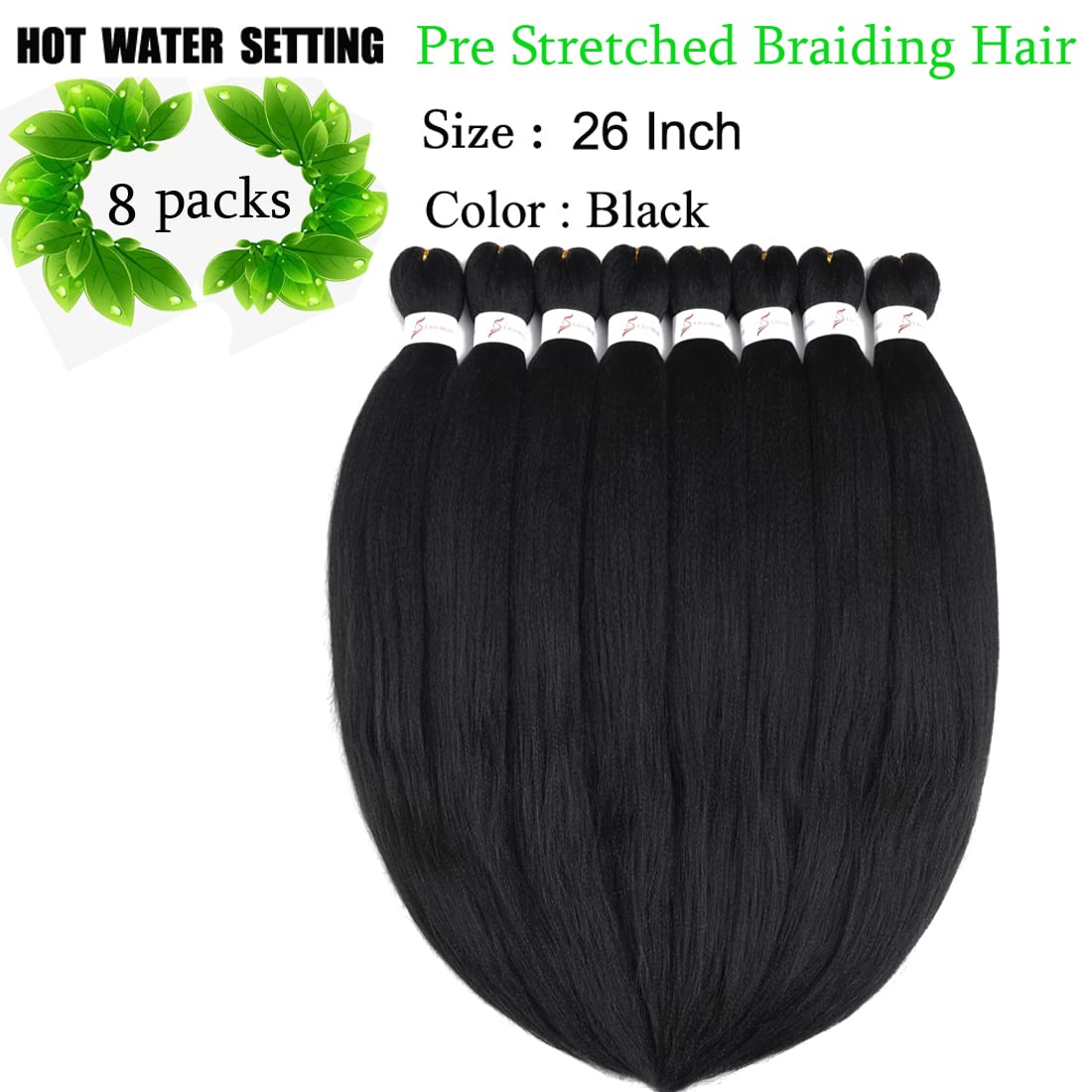 Pre Stretched Braiding Hair Extensions 26inch 8packs Professional Braids Hair Soft Yaki Straight Braid Hair Hot Water Setting Synthetic Crochet Hair (26inch,Black)