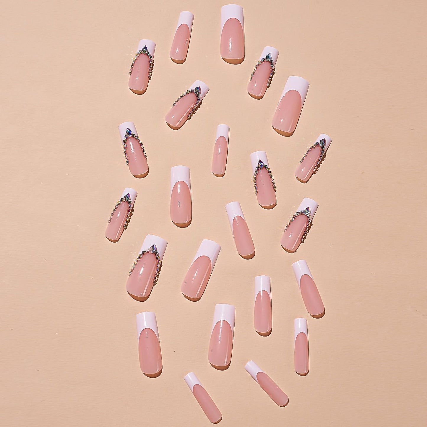 24Pcs Press on Nails Coffin Fake Nails French Tip Fake Nails White Tip False Nails with Rhinestones Designs Nail Decorations Pink Glossy Acrylic Nails Full Cover Manicure Art for Women