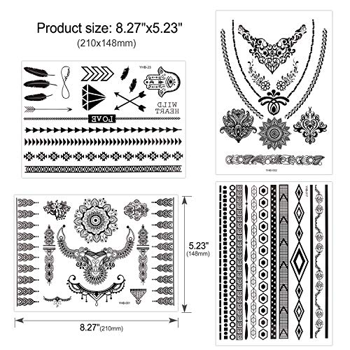 Konsait 10 Sheets Black Henna Temporary Tattoos for Women - Waterproof Festival Body Art Stickers