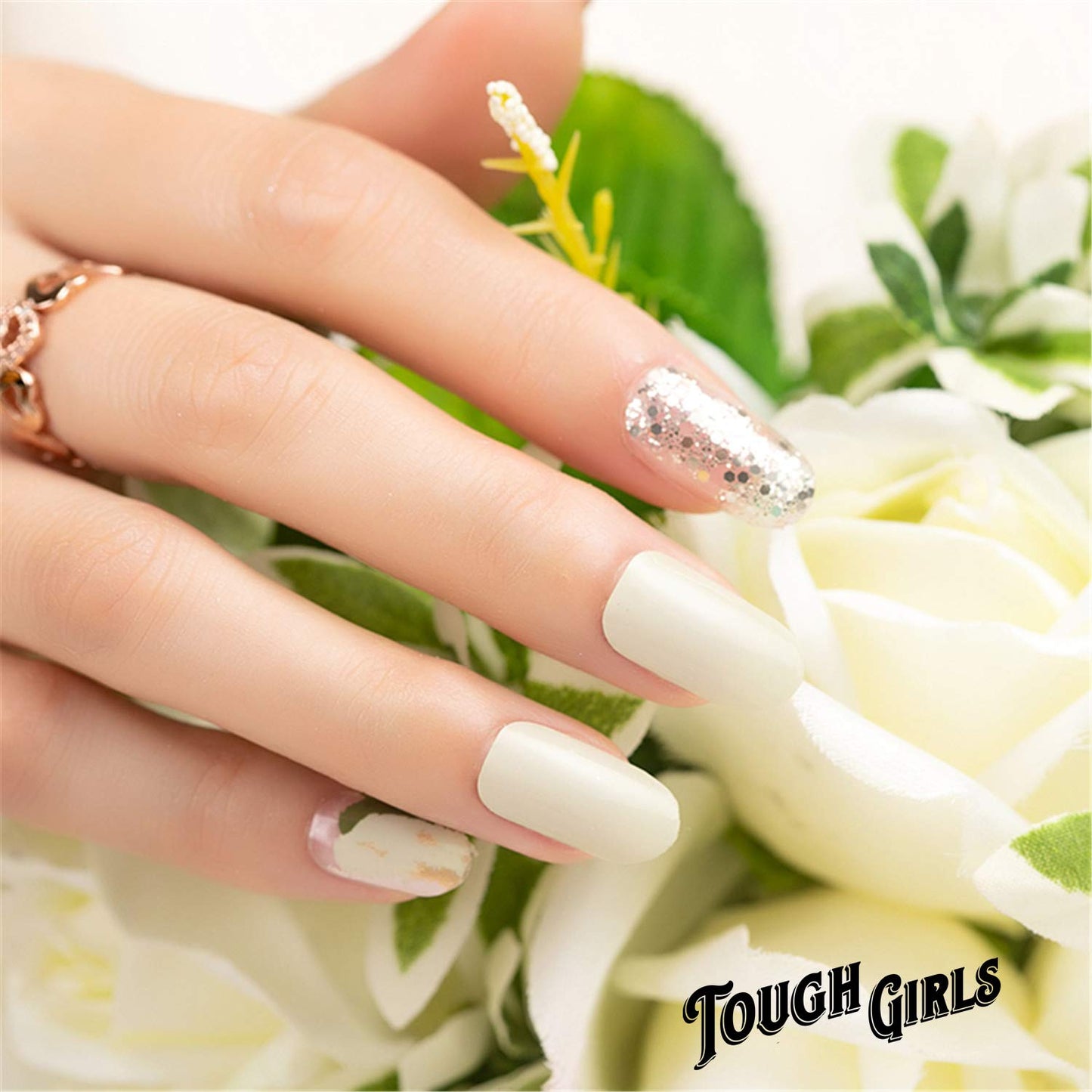 TOUGH GIRLS | 20 Exquisite Gel Nail Polish Strips w/Application Accessories - No UV/LED Lamp Required (Pale Green, Pink, Gold & Sparkles)