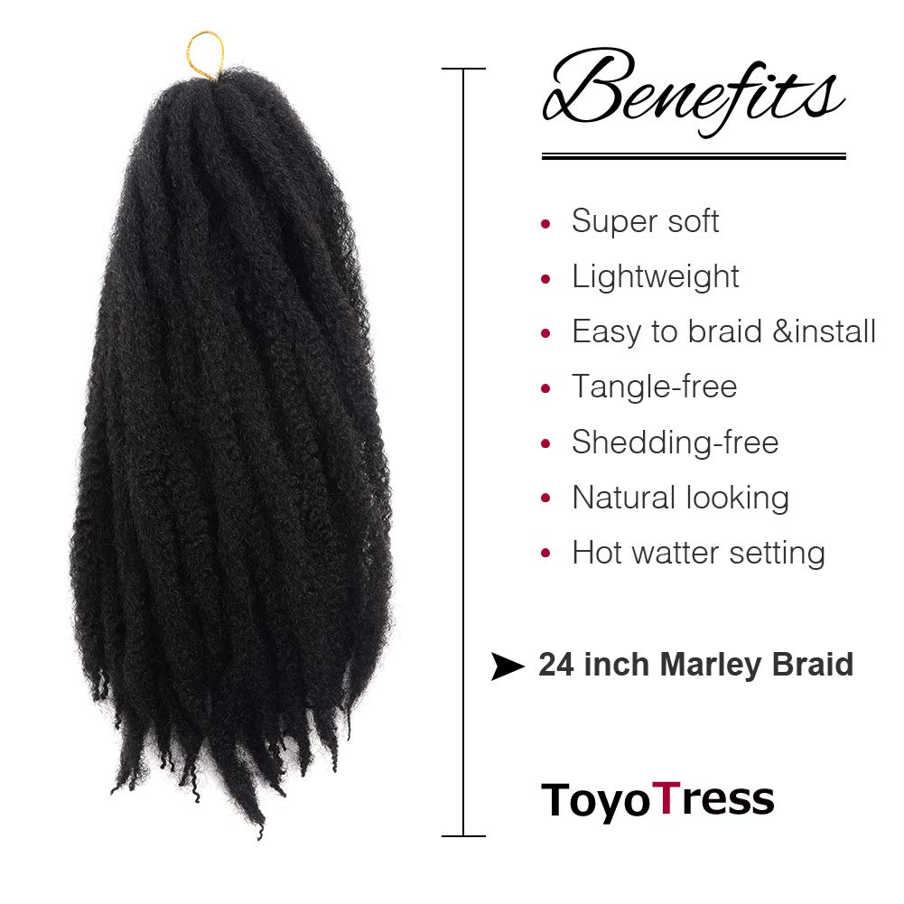 ToyoTress Marley Twist Braiding Hair - 24 Inch 6 Packs Long Marley Twist Crochet Hair For Faux Locs, Afro Kinky Curly Marley Braids Synthetic Crochet Braiding Hair Extensions (24 Inch, #1-6P)