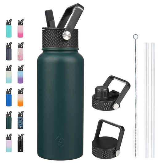 BJPKPK Insulated Water Bottles with Straw Lid, 32oz Metal Large Water Bottle with 3 Lids, Reusable Leak Proof BPA Free Thermos, Stainless Steel Canteen Water Bottle for Sports, Gym&Travel-Army Green