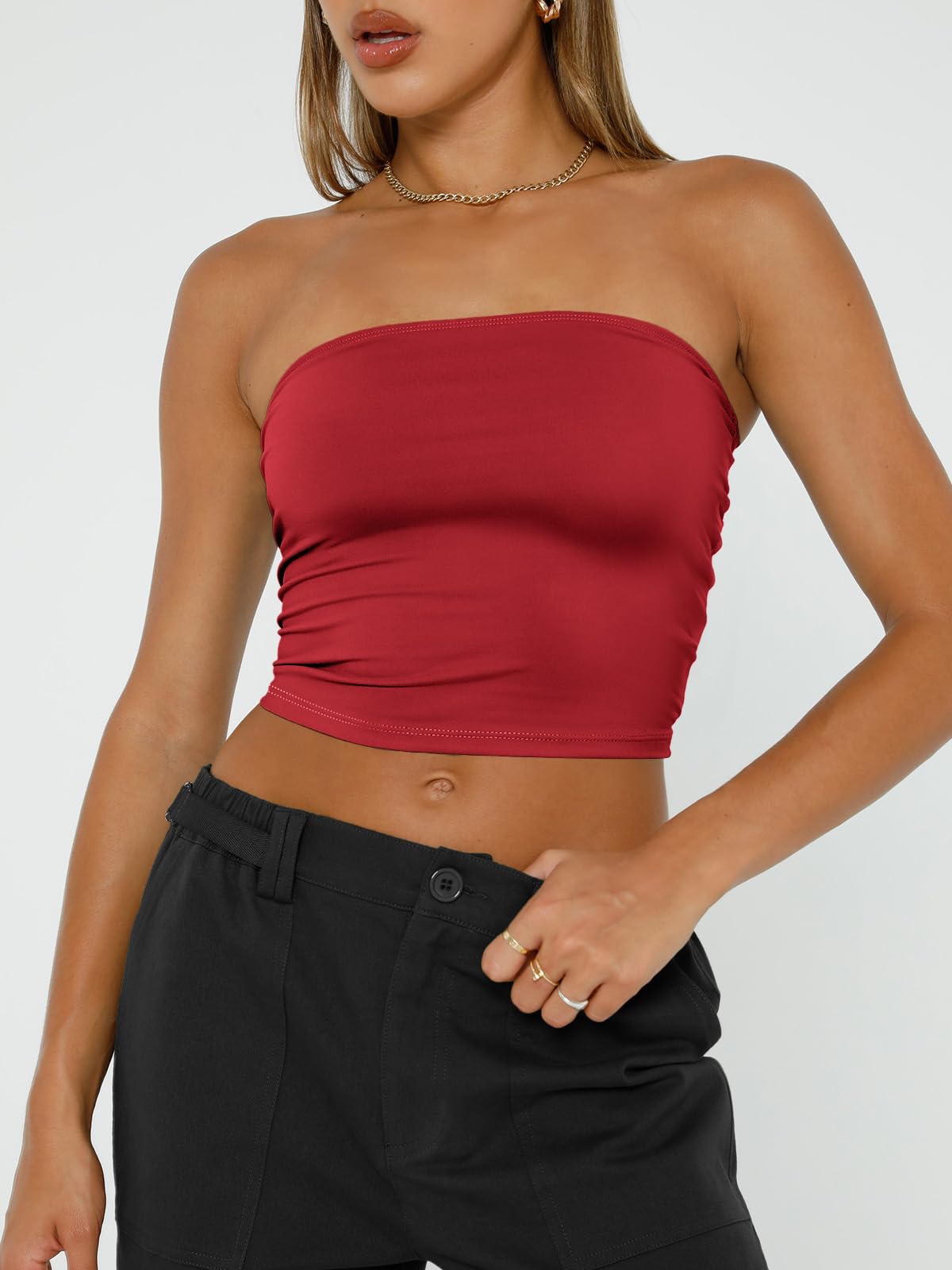 Trendy Queen Crop Tops for Women Bandeau Strapless Summer Vacation Outfits 2024 Sexy Tube Going Out Tops Basic Backless Cute Sleeveless Slim Fit Teen Girls Clothes Red