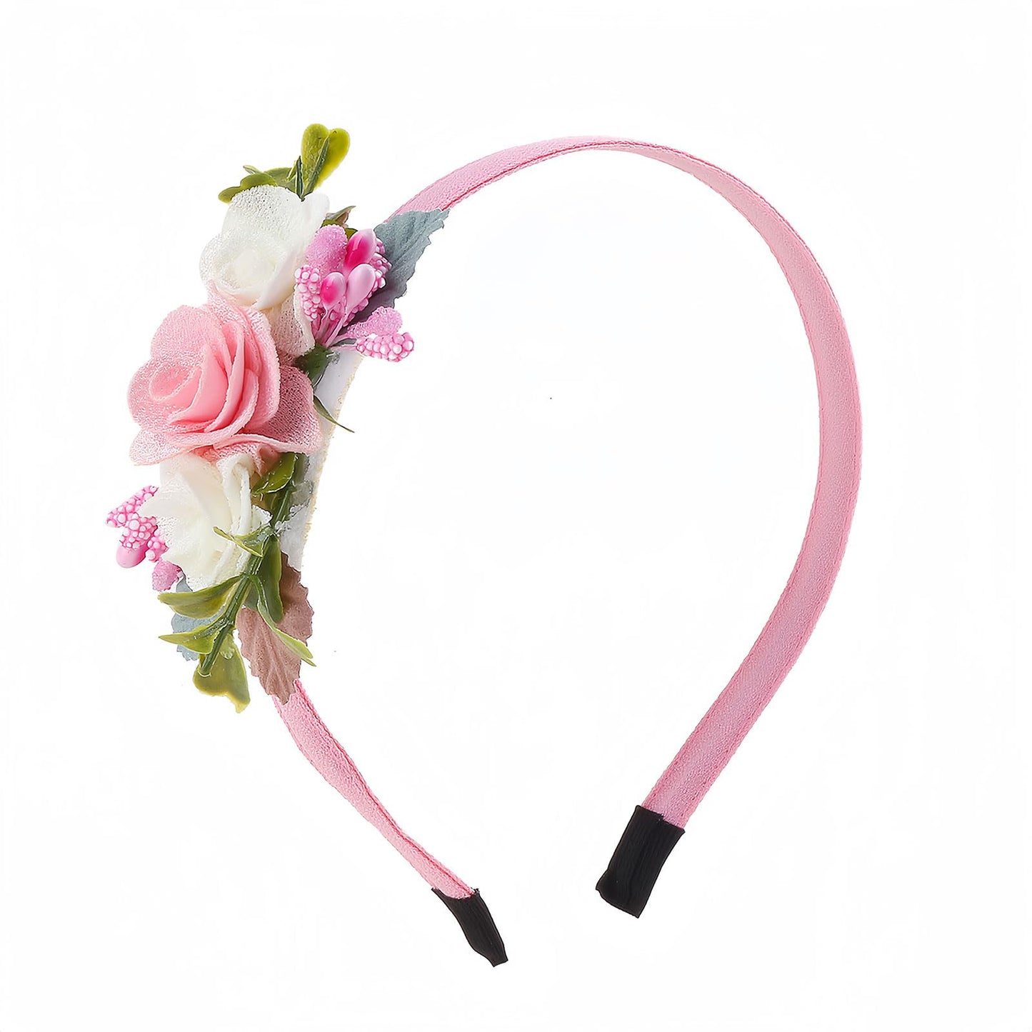 HIFANMM Flower Headband Spring Summer Hair Accessories for Women Girls, Pink White Rose Flowers Hair Bands Green Leaf Decoration Elegant Headdress Party Wedding Supplies Non Slip Head Band 1 Pcs