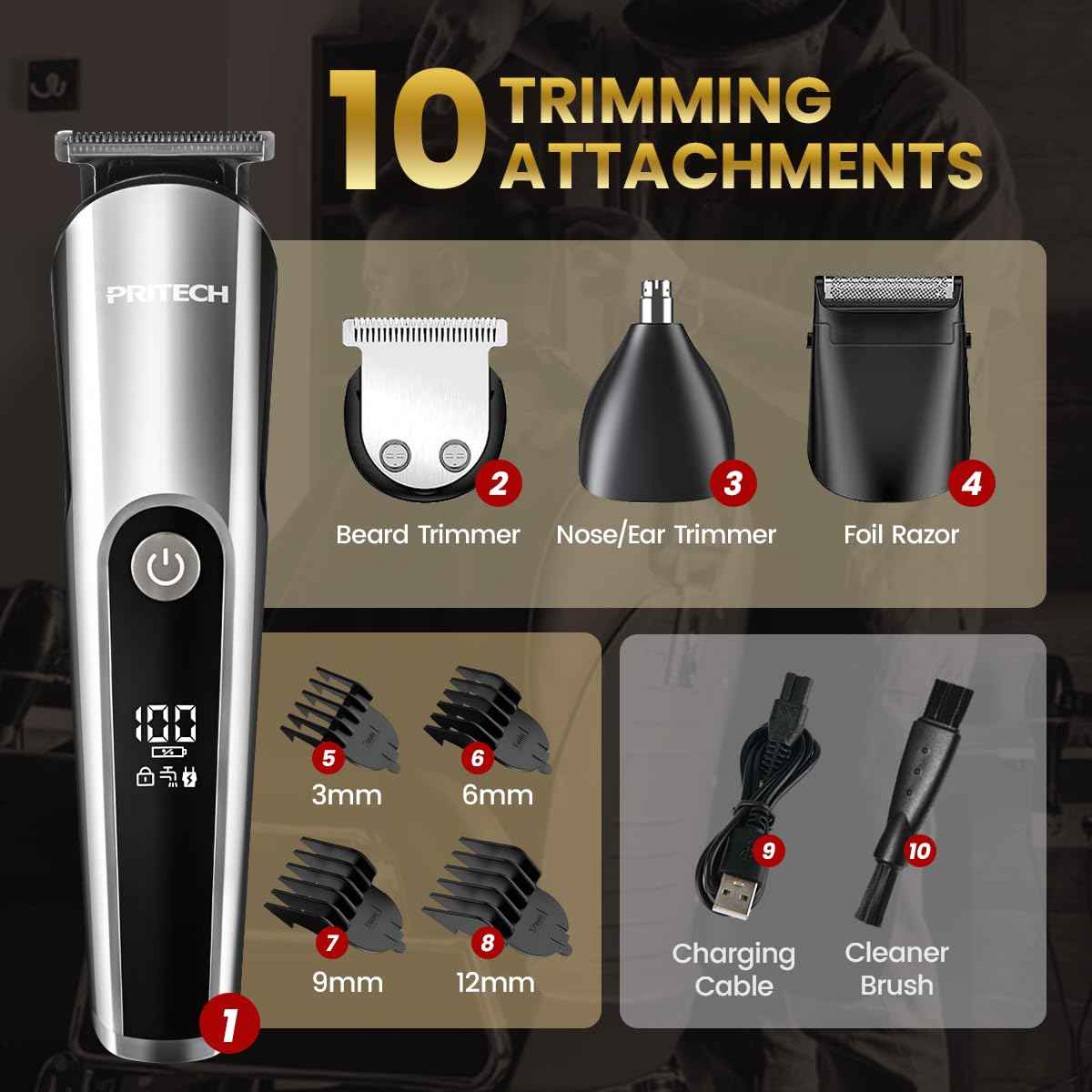 PRITECH Beard Trimmer for Men, 3 in 1 Hair Clippers for Men Kit, Nose,Ear,Micro Electric Shaver, Mens Grooming Set Cordless with LED Display IPX6 Waterproof (Silver)