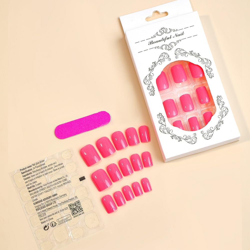 Press on Nails Square Medium Fake Nails Glossy Rose Red False Nails Glue on Acrylic Nails Reusable Glue on Nails for Women 24Pcs