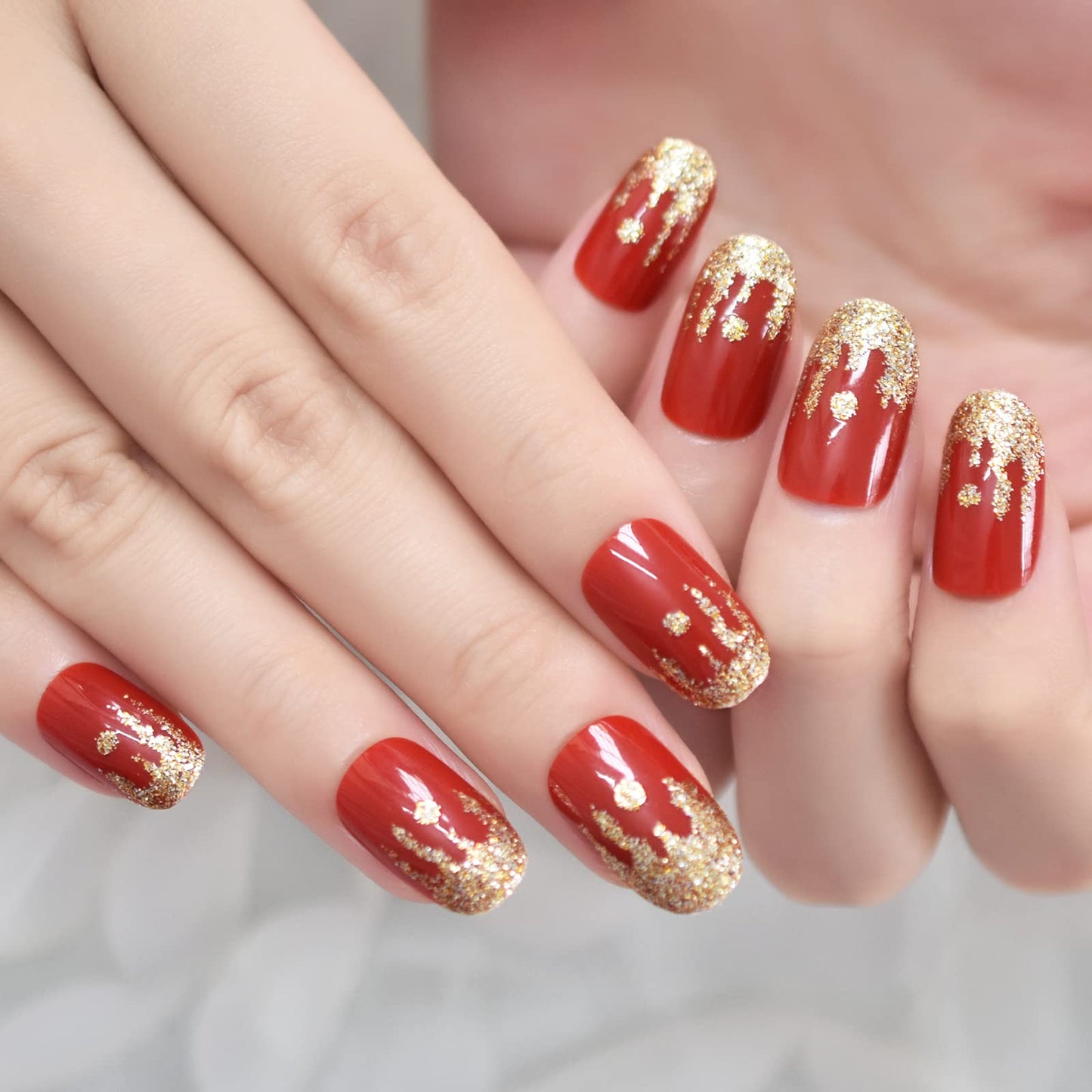 ELEVENAIL Medium Oval Glossy Press on Nails Luxury Red Gold Glitter French False Nails Salon Manicure Reusable Women Girls Fake Nail Art Tips DIY Fingernails for Daily Wedding Party with Nail Tools