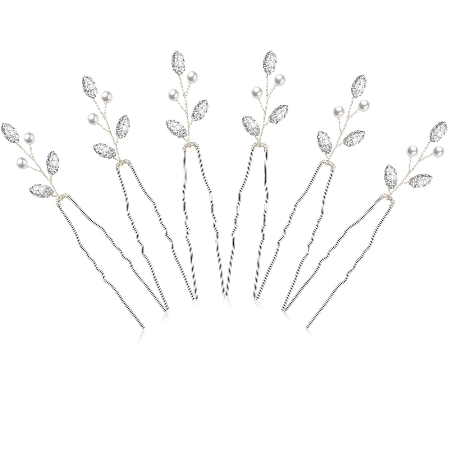 6 Pieces Pearl Crystal Bridal Hair Pins Rhinestone Flower Wedding Hair Piece Vintage Hair Accessory Party Hair Pins for Bride, Bridesmaids, Flower Girls (Silver)