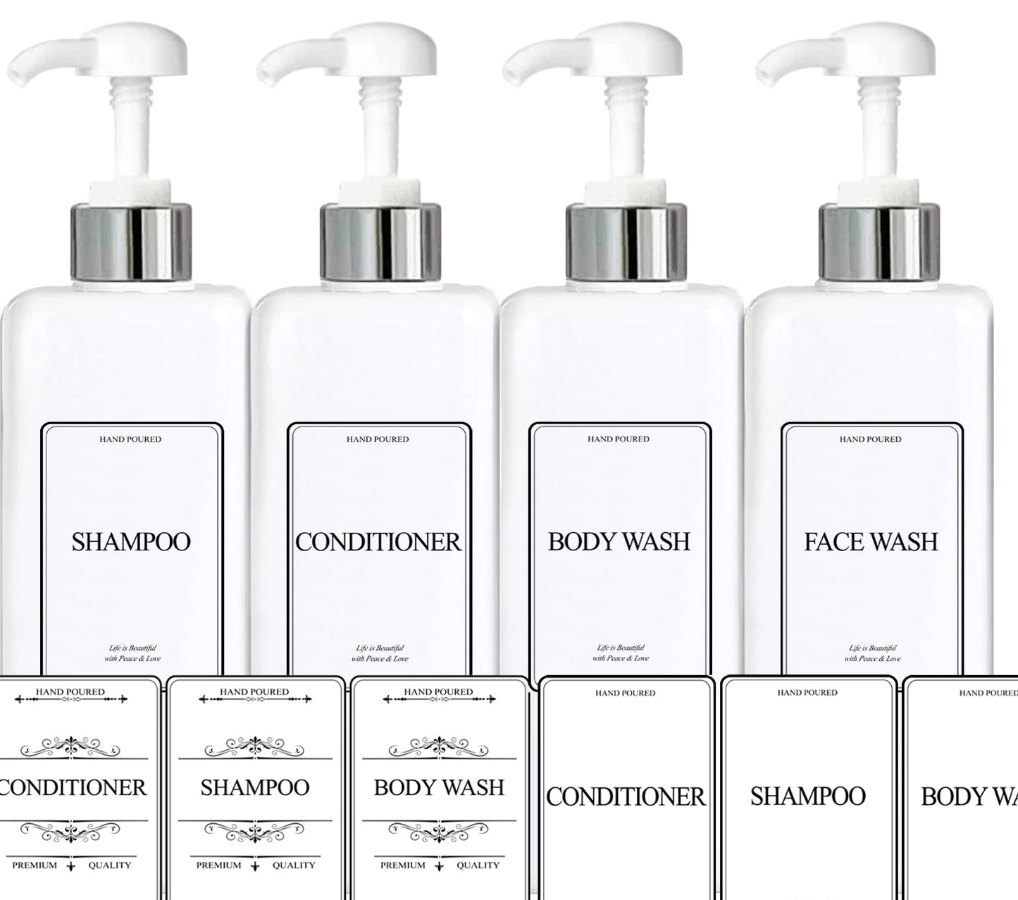 EZPRO USA Empty Plastic Square Bottles Pump Shampoo Conditioner Body Wash Face, in Shower Bathroom Dispenser, Waterproof Permanent Labels, 27oz 800ml Set of 4 (White Plastic, Silver White Pump)