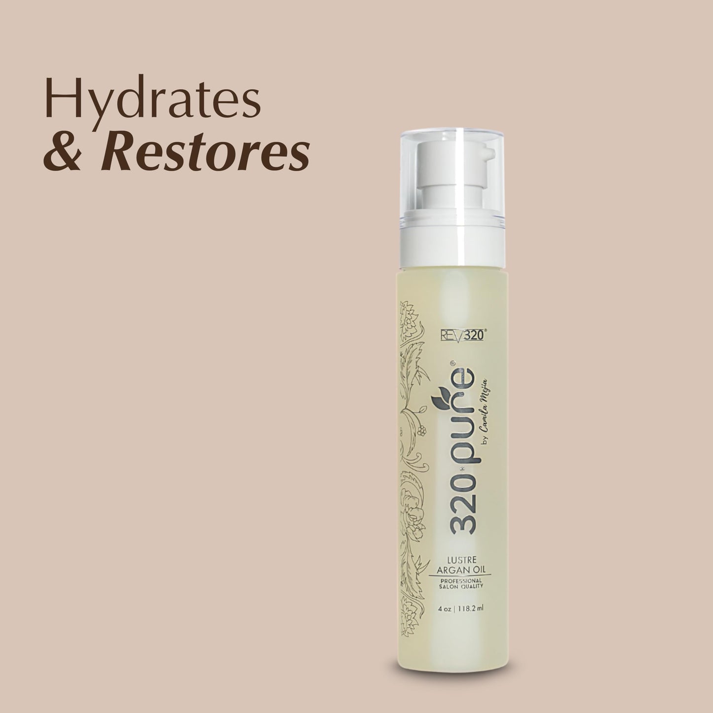 Rev320 320Pure Lustre Argan Oil For Hair 4oz Pump, Aceite de argán para el cabello, Argan Oil Hair Treatment with Pure Argon for Color-Treated, Damaged, Dry, Straight and Curly