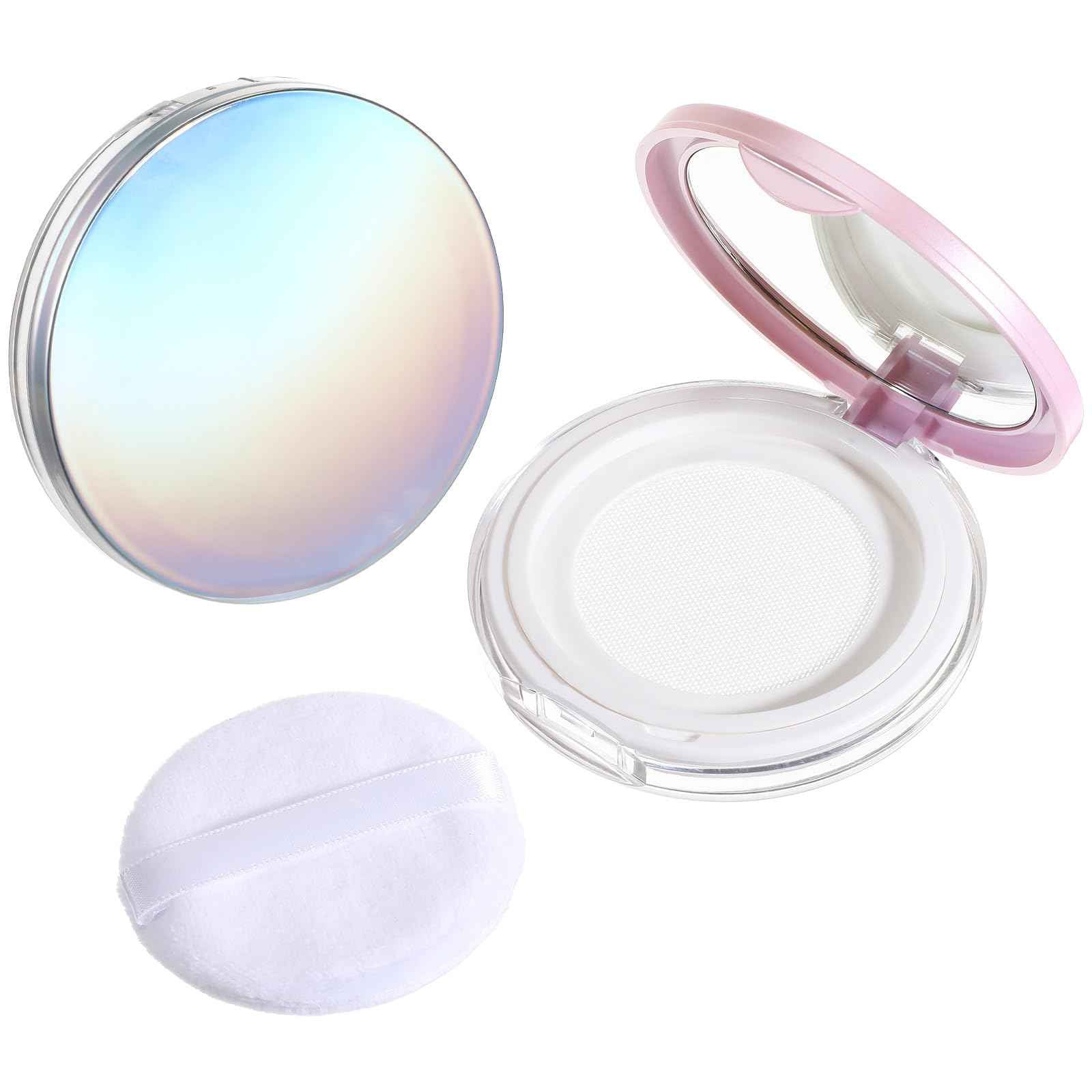 2 PCS Loose Powder Containers with Puff, 0.18oz Travel Powder Container Reusable Empty Makeup Containers Compact Mini Powder-Puff and Container with Mirror and Elasticated Net Sifter for Women Girls