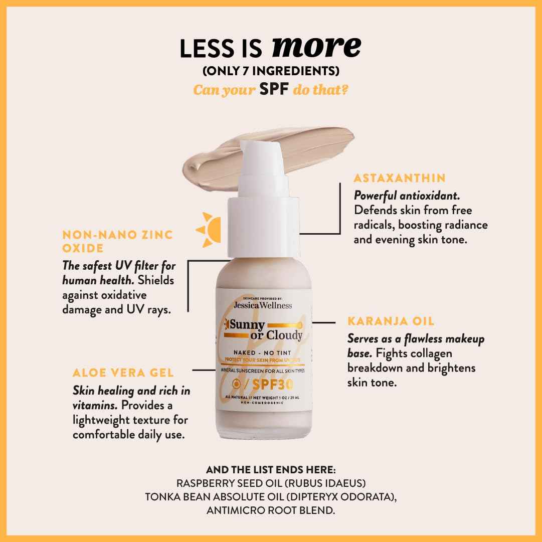 Jessica Wellness Mineral Sunscreen + Hydrating Serum with Broad Spectrum SPF 30 & Antioxidants, Oil-Free, Fragrance Free, Non-Nano Zinc Oxide. 1 oz (Clear)