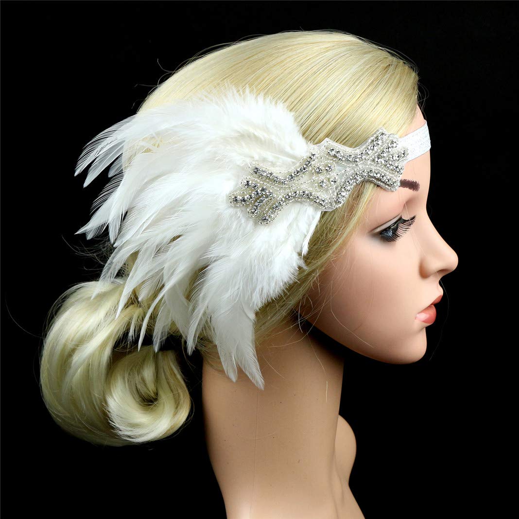 1920s Accessories Flapper Headband Art Deco Roaring 20's Headpieces for Women Gatsby Costume Hair Clip 01White