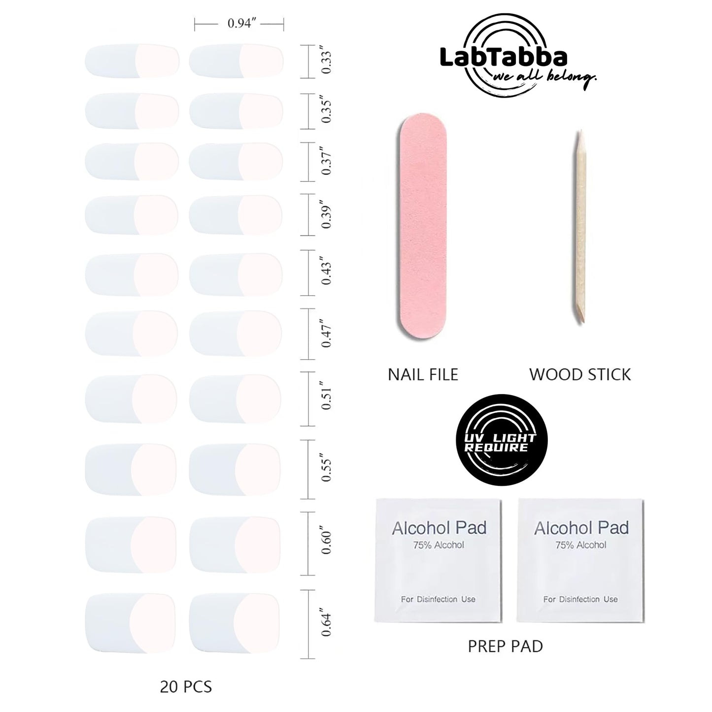 LabTabBa Semi Cured Gel Nail Strips - 20pcs Glaze Gel Nail Stickers, Salon Quality DIY Nail Wraps, Nail Stickers for Easy Application, UV Light Required