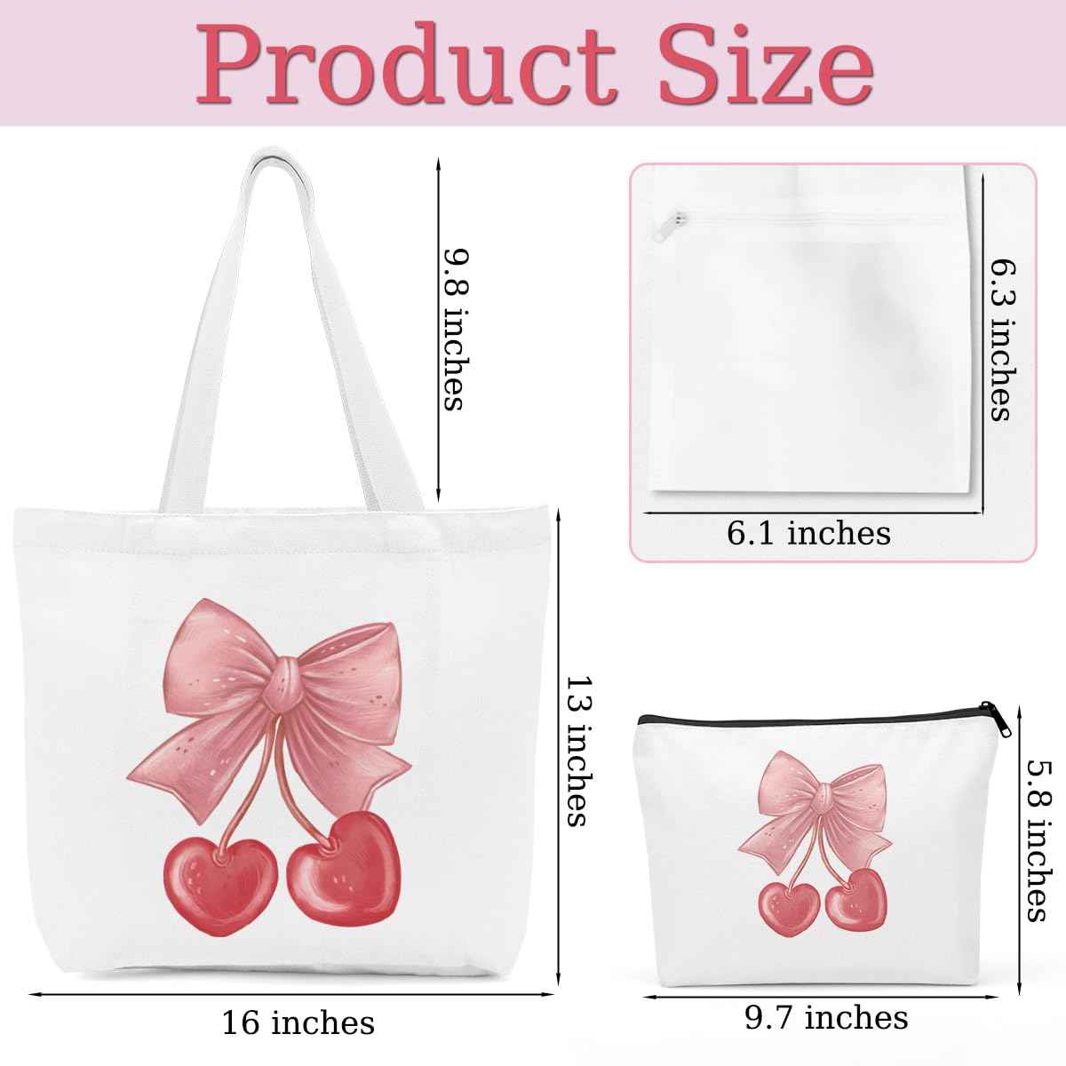 Aesthetic Bow Cherry Canvas Tote Bag Beach Tote Bag for Women with inner Pocket, Cute Bow Lovers Gift for Women Girls Bestie Sister Birthday Christmas Reusable Shopping Grocery Bags with Makeup Bags
