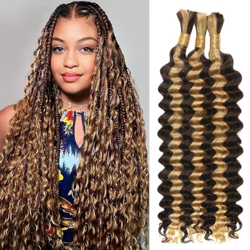 CyorHRT 4/27 Deep Water Wave Human Hair Bundles - Honey Blonde, 150g, 20 Inch, Boho Curly Hair Extensions for Braiding, 3 Pack