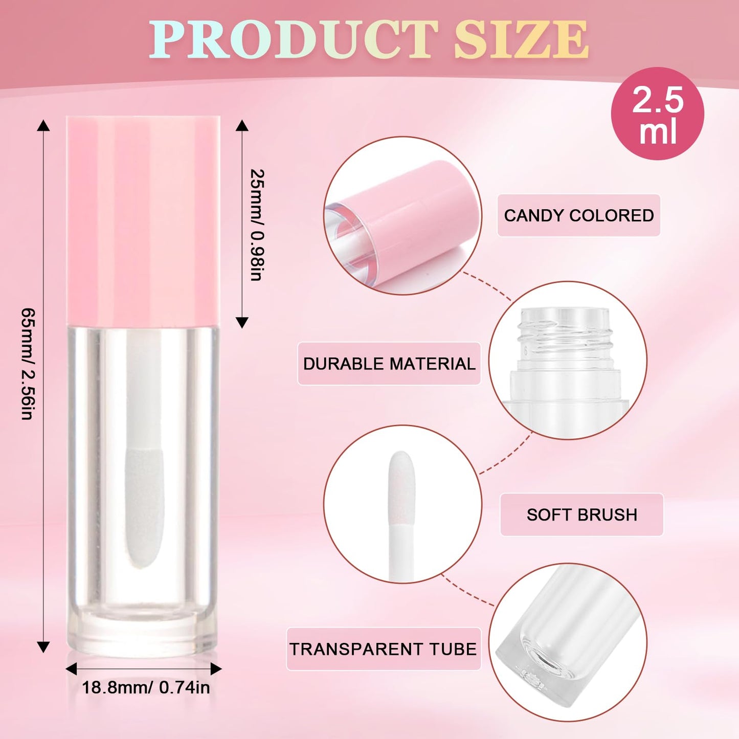 50pcs 2.5ml Empty Lip Gloss Containers Lip Gloss Tubes with Wand Cute 0.08oz Clear Refillable Lipgloss Making Supplies Kit for DIY Makeup + 2pcs Syringes (Pink)