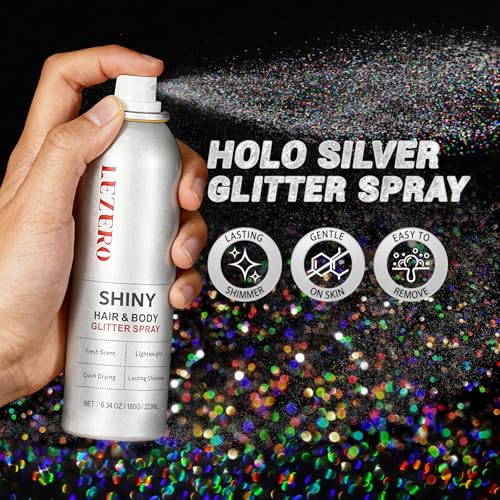 Hair and Body Glitter Spray for Women, Rainbow Silver Shimmer Makeup, Large Capacity for Festival Rave Outfits Accessories, 200ml/6.34oz