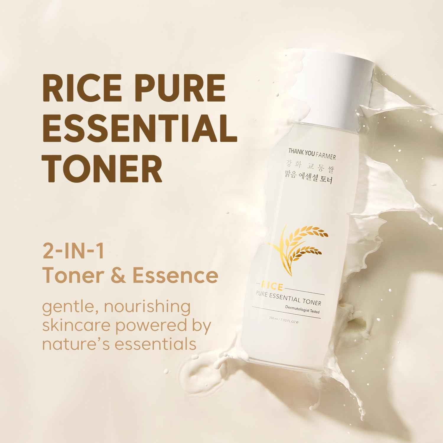 THANKYOU FARMER Rice Pure Korean Milk Toner with Rice Water & Niacinamide - Gentle Hydrating Toner for Brightening and Soothing Dry & Sensitive Skin, Vegan, 7.03 oz