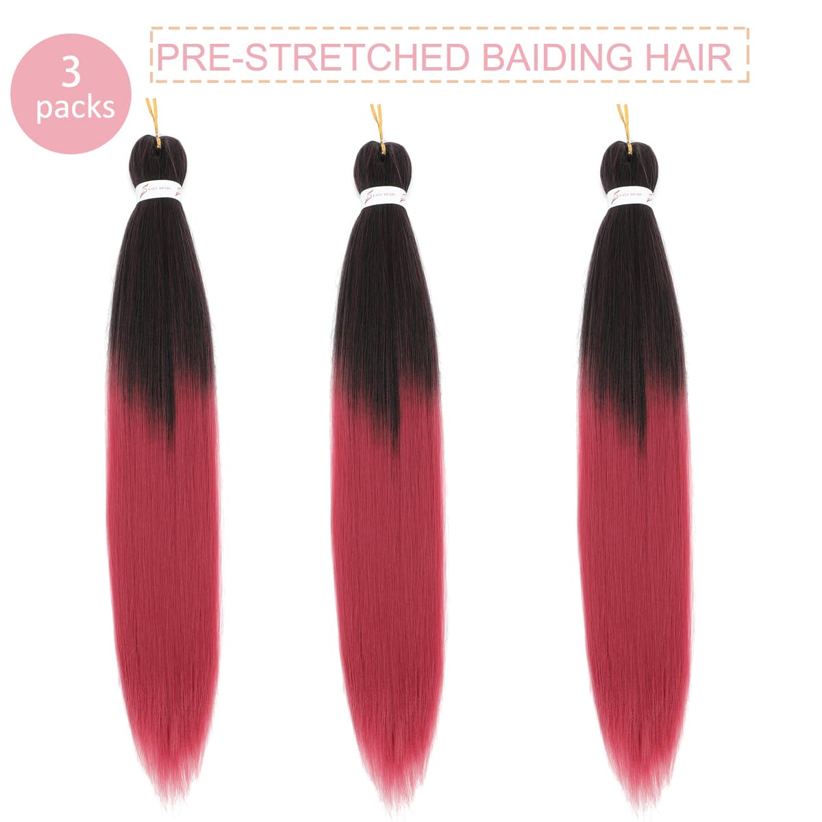 Ombre Burgundy Braiding Hair Pre Stretched Extensions Crochet Braiding Hair 26 Inch 3 Packs Hot Water Setting Professional Yaki Synthetic Hair For Twist Braids (26Inch,#1b/900)