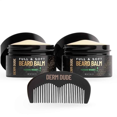 Derm Dude Full & Soft Beard Balm for Men | With Shea Butter & Grapeseed Oil to Moisturize & Smooth | Leave-in Conditioner for Healthier Fuller & Thicker Facial Hair -Morning Woodsy Scent 2oz (2 Pack)