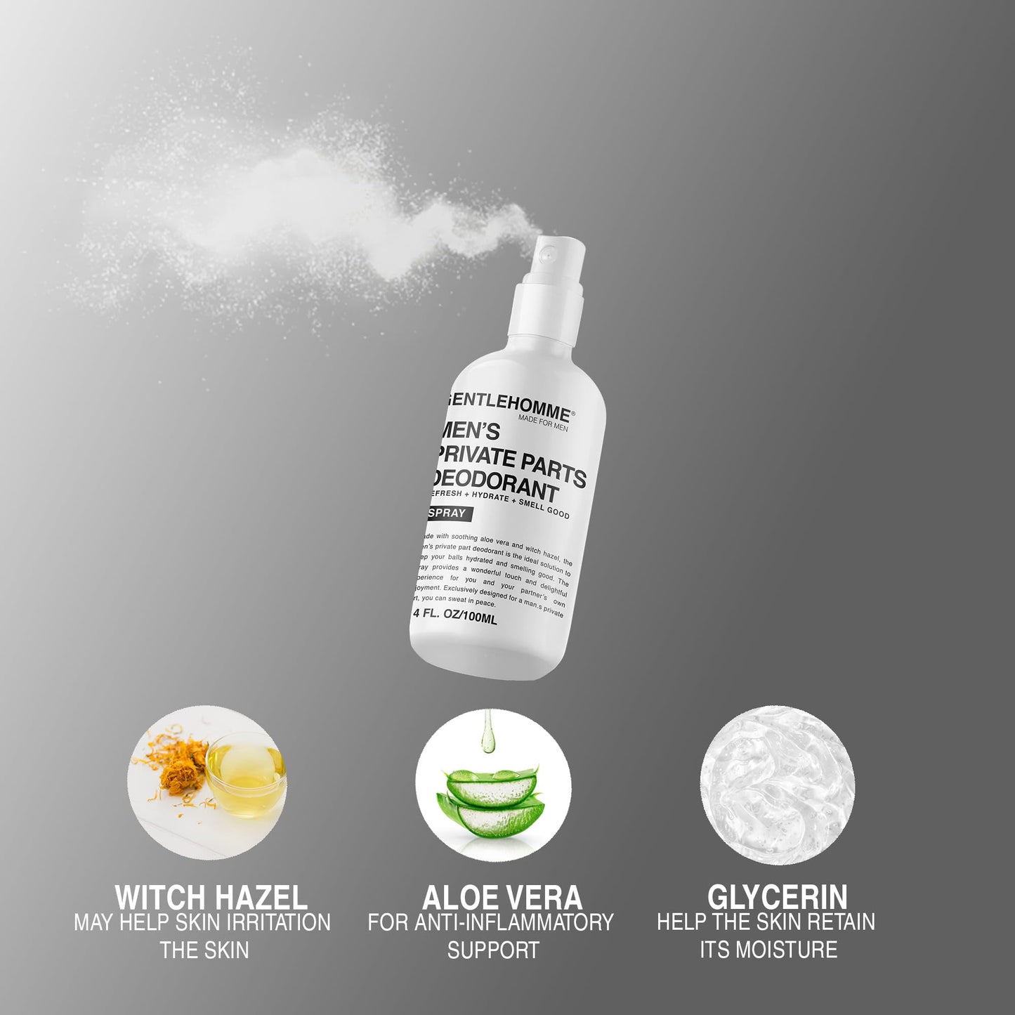 Men's Deodorant Spray for Intimate Areas - Anti-Chafing, Hydrating & Refreshing - with Aloe Vera & Witch Hazel - All Skin Types - Vegan - Amber Scent - 4oz