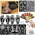 7PCS Tattoo Cones Temporary Tattoo Kit,4Color(2*Brown,2*Maroon,2*Cherry Red &1*Black) Ink with Large Designs Stencils,Separate Bottle with 4 Bottle Mouths,DIY Body Art Painting for Women Men Kids