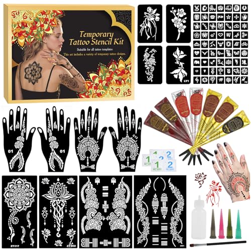 7PCS Tattoo Cones Temporary Tattoo Kit,4Color(2*Brown,2*Maroon,2*Cherry Red &1*Black) Ink with Large Designs Stencils,Separate Bottle with 4 Bottle Mouths,DIY Body Art Painting for Women Men Kids