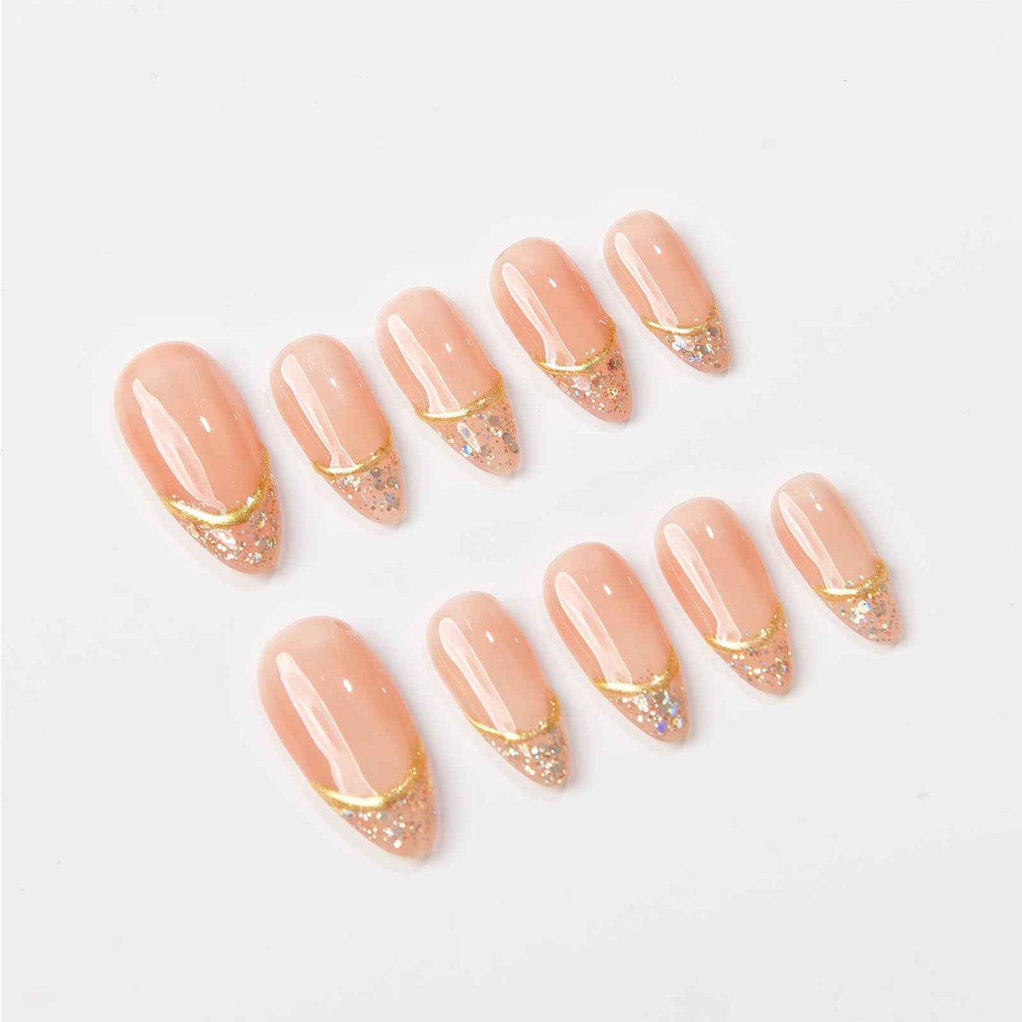 Basic Design with Chrome, French, Light Star Almond Press On Nails, Classic Design Fake Nails for Chrismast Event, Wedding Event, Prom, Party (S005, XS)