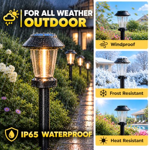 Pywut 8 Pack Solar Pathway Lights with Warm White Tungsten Filament, 3 Modes, Auto On/Off, IP65 Waterproof