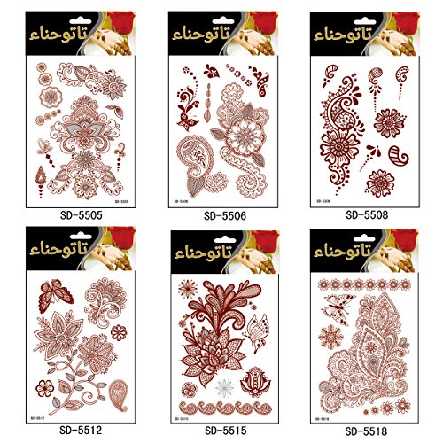 AHIER Temporary Tattoos for Women, 6 Sheets Henna Stickers, Waterproof Red Henna Tattoo Stickers for Women