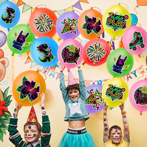 72 PCS Neon Party Favors ? 48 Pre-Cut Temporary Tattoos & 24 Neon Punch Balloons Themed Birthday Party Decorations Supplies Favors Gifts, Goodie Bag Fillers, Classroom Rewards