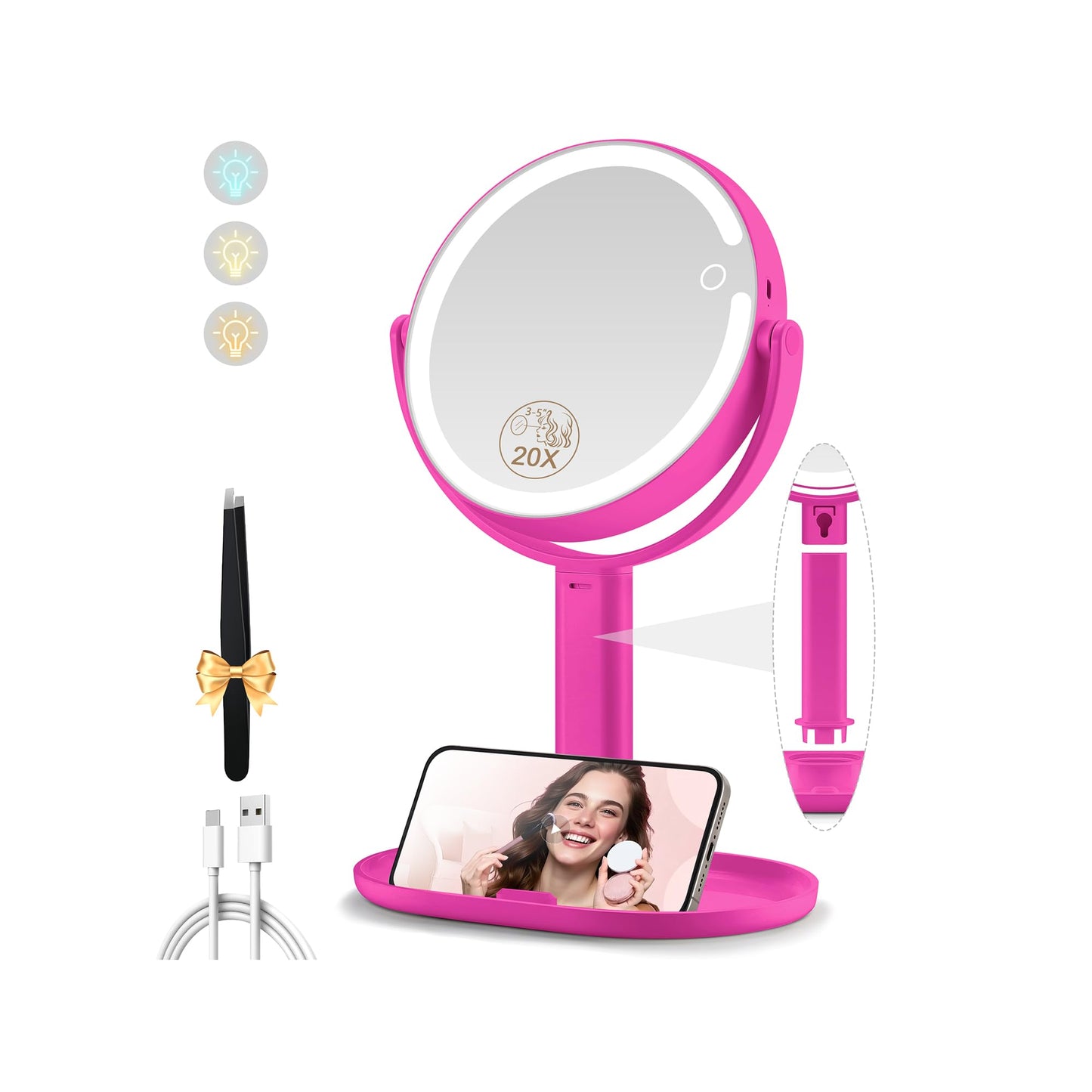 MOMOKUBA Makeup Mirror with Lights, Double Sided 1x/20x Magnifying Mirror with Light, Rechargeable 3 Color Lights and Adjustable Brightness, 360° Rotation Detachable Comes with Tweezer(Hotpink)