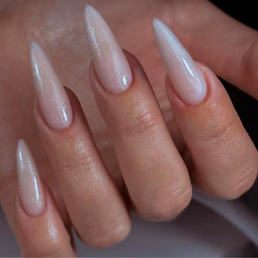 Stiletto Press on Nails Long Fake Nails with Nude Chrome Y2K Glamorous Metallic Designs Full Cover Acrylic Almond False Nails Set Glue on Nails Stick on Nails for Women Manicure 24Pcs